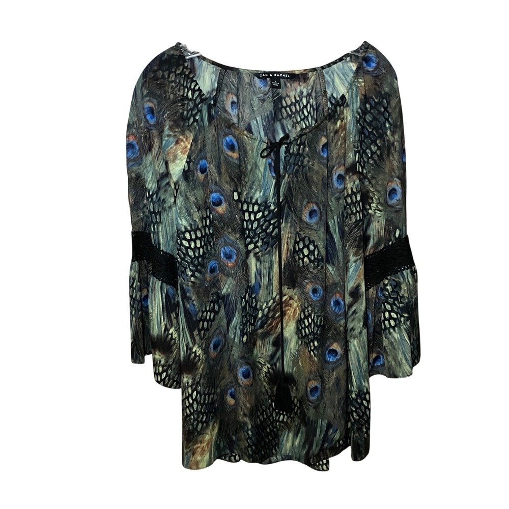 Zac & Rachel Peacock Print Blouse Women Large Green Bell Sleeve Tassel Boho